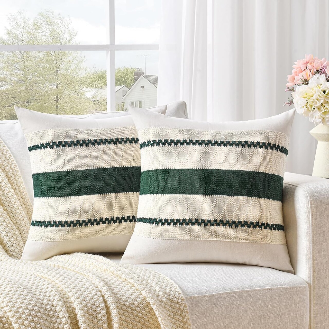 Set of 2 Dark Green Boho Throw Pillow Covers 18x18 Inch, Vintage Forest Green Decorative Cushion Cases for Couch, Sofa, Bed, Modern Farmhouse Living Room Decor